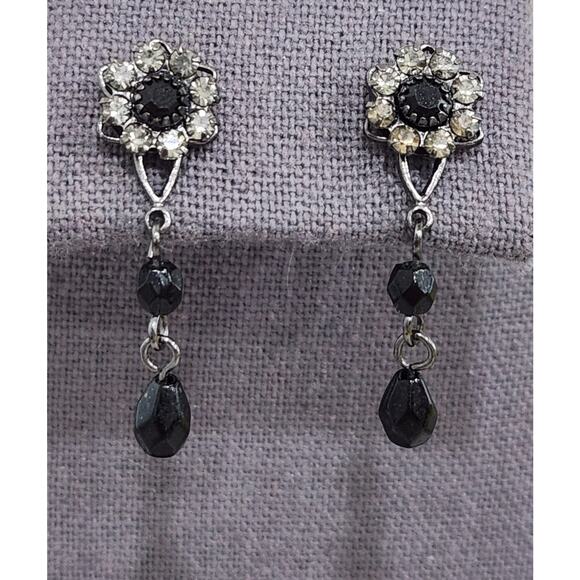 Black And Rhinestones Flower Shape Dangle Stud Earrings 1.5" Long - Picture 1 of 3